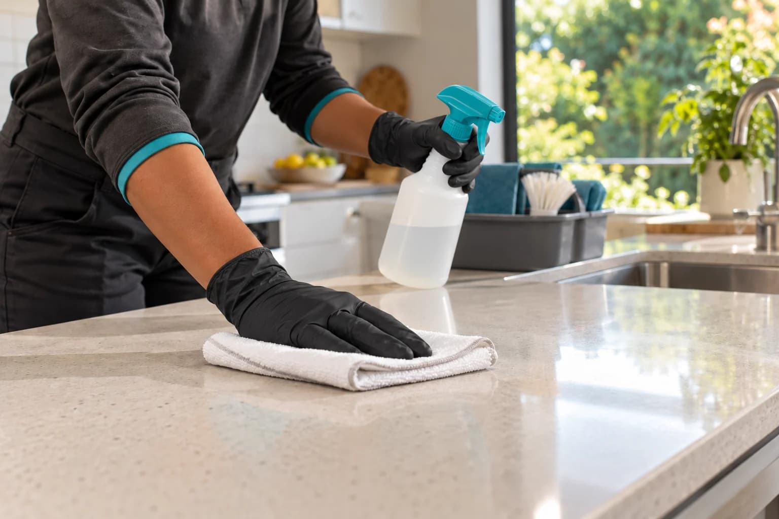 Black-gloved hands wiping a stone kitchen island in a bright Auckland home