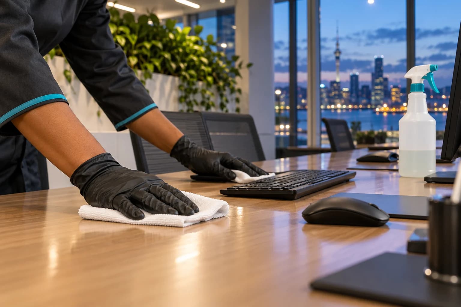 Black-gloved hands wiping a shared desk in an Auckland office at dusk