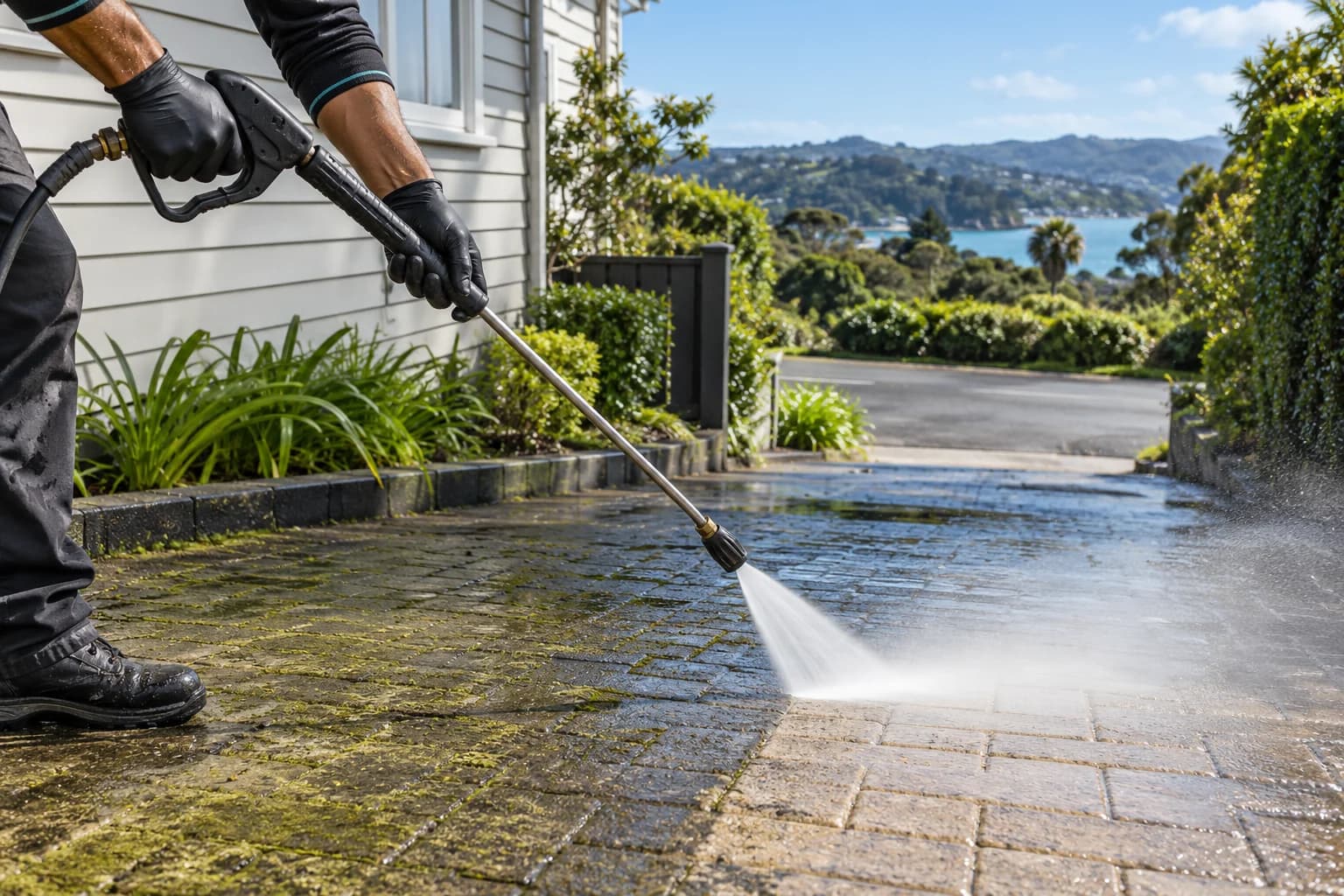 Black-gloved hands pressure washing moss from a paved Auckland driveway