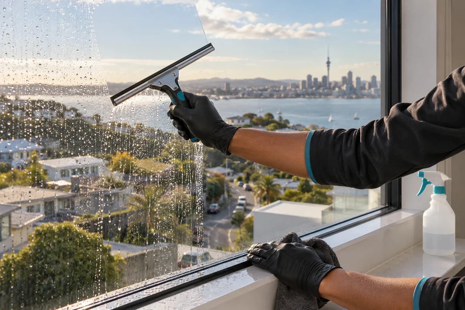 Black-gloved hands using a squeegee on an apartment window overlooking Auckland